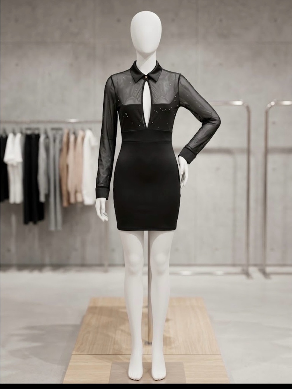 Collared Black Sheer-Keyhole Mini Dress